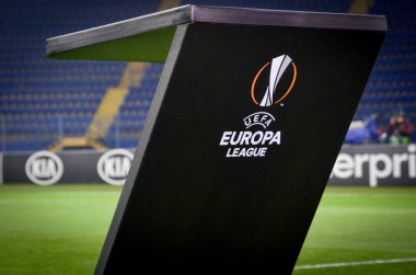 KHARKIV, UKRAINE - Febriary 20, 2020: European League pedestal close-up with Europa League inscription during the UEFA Europe League match between Shakhtar vs SL Benfica, Ukraine