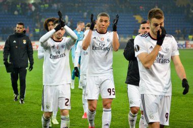 KHARKIV, UKRAINE - Febriary 20, 2020: SL Benfica Football player thanks fans for their support  during the UEFA Europe League match between Shakhtar Donetsk vs SL Benfica (Portugal), Ukraine