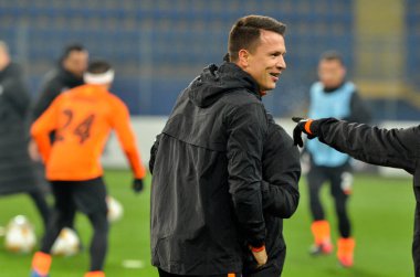 KHARKIV, UKRAINE - Febriary 20, 2020: Training session of Shakhtar football players during the UEFA Europe League match between Shakhtar Donetsk vs SL Benfica (Portugal), Ukraine