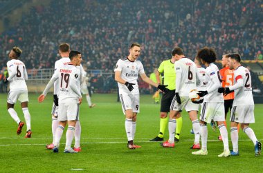 Kharkiv, Ukrayna - 20 Şubat 2020: Sl Benfica Football player, Shakhtar Donetsk - Sl Benfica (Portekiz) ve Ukrayna arasındaki Uefa Avrupa Ligi maçında atılan golü kutladı