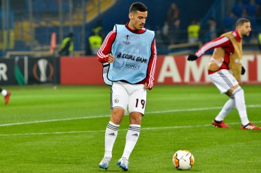 KHARKIV, UKRAINE - Febriary 20, 2020: Chiquinho and trains of Benfica football players during the UEFA Europe League match between Shakhtar Donetsk vs SL Benfica (Portugal), Ukraine