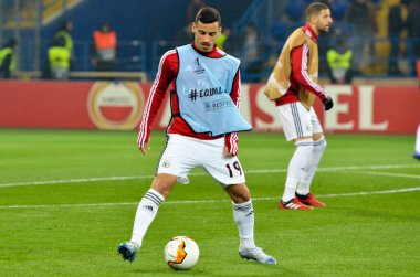 KHARKIV, UKRAINE - Febriary 20, 2020: Chiquinho and trains of Benfica football players during the UEFA Europe League match between Shakhtar Donetsk vs SL Benfica (Portugal), Ukraine