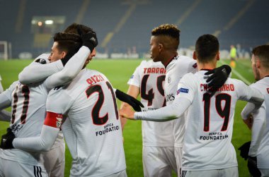 Kharkiv, Ukrayna - 20 Şubat 2020: Benfica oyuncusuyla Pizzi, Uefa Avrupa Ligi 'nde Shakhtar - Sl Benfica (Portekiz), Ukrayna maçında atılan golü kutladı