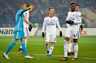 Kharkiv, Ukrayna - 20 Şubat 2020: Florentino ve Odysseas Vlachodimos, Uefa Avrupa Ligi maçında Shakhtar Donetsk - Sl Benfica (Portekiz), Ukrayna