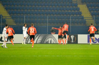 Kharkiv, Ukrayna - 20 Şubat 2020: Shakhtar Donetsk futbolcusu, Shakhtar Donetsk - Sl Benfica (Portekiz) ve Ukrayna arasındaki Uefa Avrupa Ligi maçında atılan golü kutladı