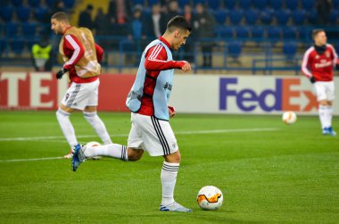 KHARKIV, UKRAINE - Febriary 20, 2020: Chiquinho and trains of Benfica football players during the UEFA Europe League match between Shakhtar Donetsk vs SL Benfica (Portugal), Ukraine