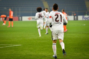 Kharkiv, Ukrayna - 20 Şubat 2020: Pizzi, Uefa Avrupa Ligi maçında Shakhtar Donetsk - Sl Benfica (Portekiz), Ukrayna maçında atılan golü kutladı
