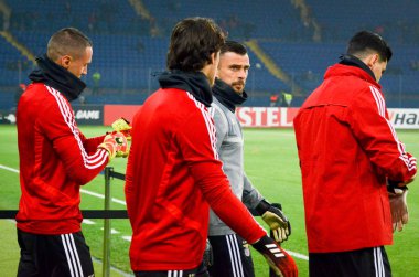 KHARKIV, UKRAINE - Febriary 20, 2020: Benfica Football players trains during the UEFA Europe League match between Shakhtar Donetsk vs SL Benfica (Portugal), Ukraine