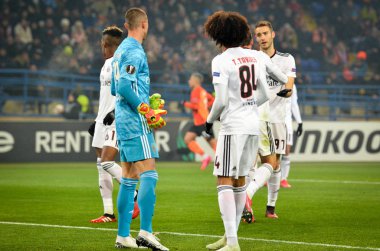 Kharkiv, Ukrayna - 20 Şubat 2020: Uefa Avrupa Ligi karşılaşması sırasında Tomas Tavares ve Odysseas Vlachodimos Shakhtar Donetsk - Sl Benfica (Portekiz), Ukrayna