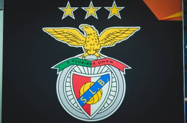 KHARKIV, UKRAINE - Febriary 20, 2020: Logo and emblem Benfica during the UEFA Europe League match between Shakhtar Donetsk vs SL Benfica (Portugal), Ukraine