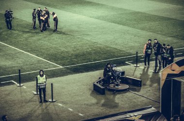 KHARKIV, UKRAINE - Febriary 20, 2020: General view of the television cameras in the stadium during the UEFA Europe League match between Shakhtar Donetsk vs SL Benfica (Portugal), Ukraine