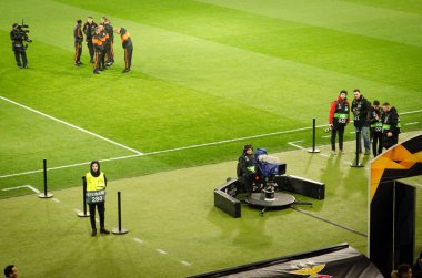 KHARKIV, UKRAINE - Febriary 20, 2020: General view of the television cameras in the stadium during the UEFA Europe League match between Shakhtar Donetsk vs SL Benfica (Portugal), Ukraine