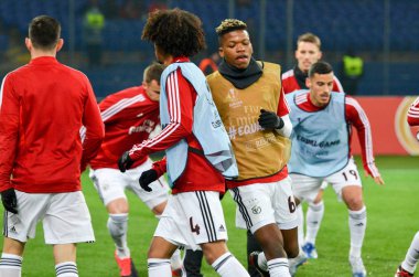 KHARKIV, UKRAINE - Febriary 20, 2020: Training session of Benfica football players during the UEFA Europe League match between Shakhtar Donetsk vs SL Benfica (Portugal), Ukraine