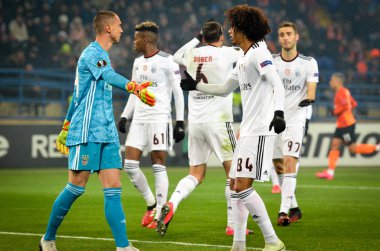 Kharkiv, Ukrayna - 20 Şubat 2020: Uefa Avrupa Ligi karşılaşması sırasında Tomas Tavares ve Odysseas Vlachodimos Shakhtar Donetsk - Sl Benfica (Portekiz), Ukrayna