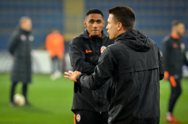 KHARKIV, UKRAINE - Febriary 20, 2020: Training session of Shakhtar football players during the UEFA Europe League match between Shakhtar Donetsk vs SL Benfica (Portugal), Ukraine
