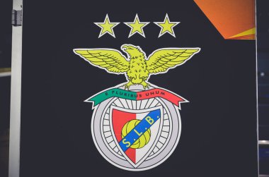 KHARKIV, UKRAINE - Febriary 20, 2020: Logo and emblem Benfica during the UEFA Europe League match between Shakhtar Donetsk vs SL Benfica (Portugal), Ukraine