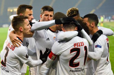 Kharkiv, Ukrayna - 20 Şubat 2020: Benfica oyuncusuyla Pizzi, Uefa Avrupa Ligi 'nde Shakhtar - Sl Benfica (Portekiz), Ukrayna maçında atılan golü kutladı