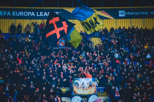 Kharkiv Ukrajna Február 2020 Labdarúgás Rajongók Stadionban Suppoprt Csapatukat Uefa — Stock Fotó