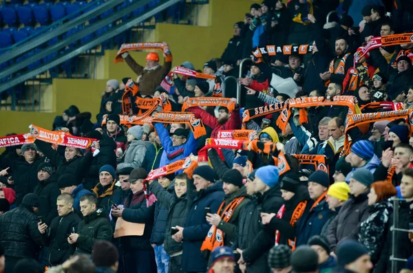 Kharkiv Ucrania Febrero 2020 Los Aficionados Fútbol Estadio Apoyan Equipo —  Fotos de Stock