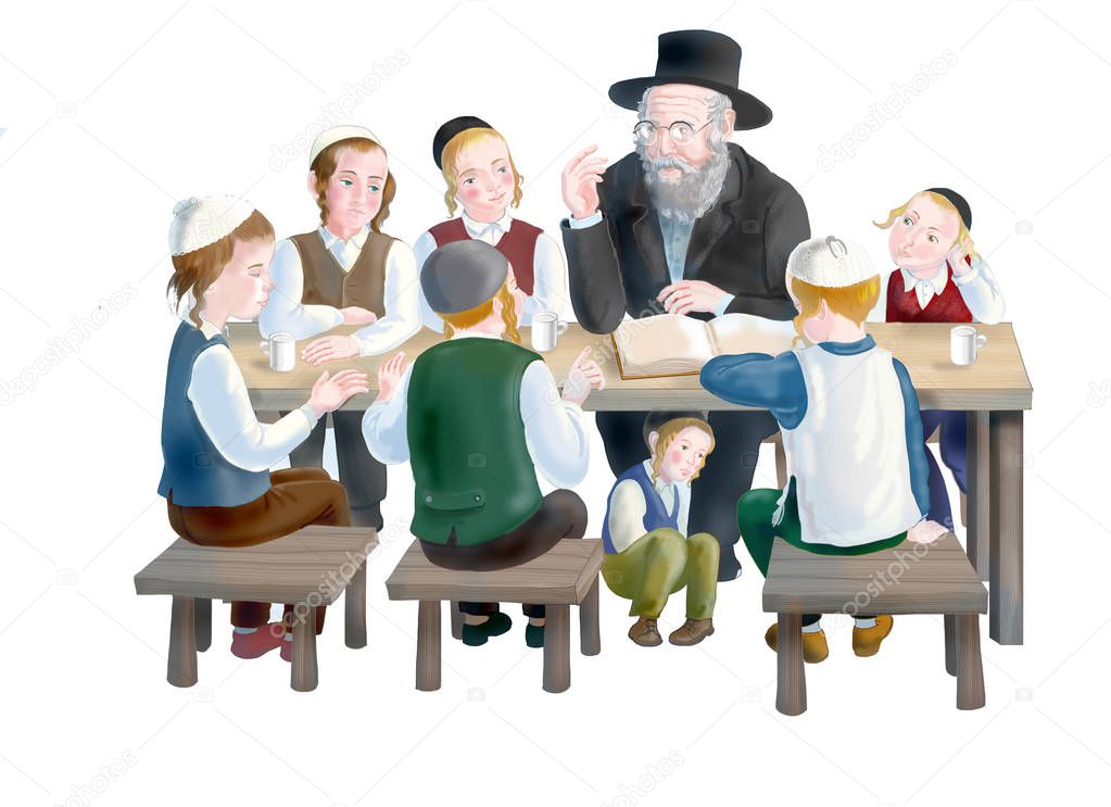 Jewish children with a rabbi 