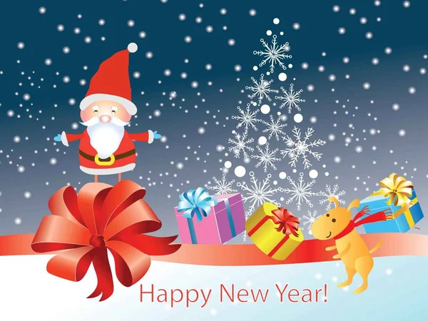 Año Nuevo, bandera eficaz con un arco, Papá Noel, un árbol de Navidad y copos de nieve — Vector de stock
