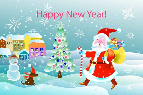 _ Eleganti fiocchi di neve, Babbo Natale, pupazzo di neve e bufera di neve su uno sfondo azzurro scintillante con piccole case e un albero di Natale — Vettoriale Stock