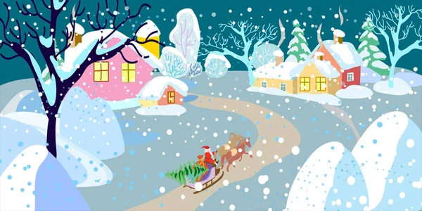 Winterlandschap Naïeve Stijl Winterdorp Kerstman Slee Met Kerstboom — Stockvector