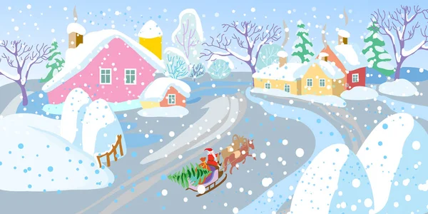 素朴なスタイルで冬の装飾風景冬の村とクリスマスツリーでそりサンタクラス — ストックベクタ
