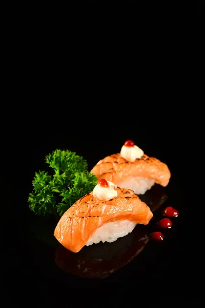 Salmon Nigiri Sushi Black Background — Stock Photo, Image