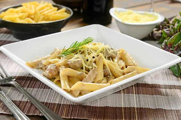 White Sauce Penne Meat Cubes — Stock Photo, Image