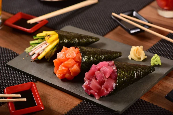 Three temaki sushis — Stock Photo, Image