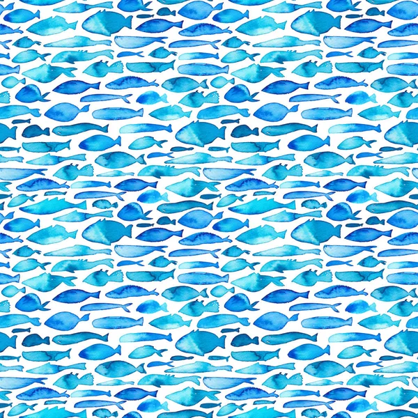 Watercolor Seamless Pattern Blue Fishes Marine Background Ornament Wrapping Paper — Stock Photo, Image