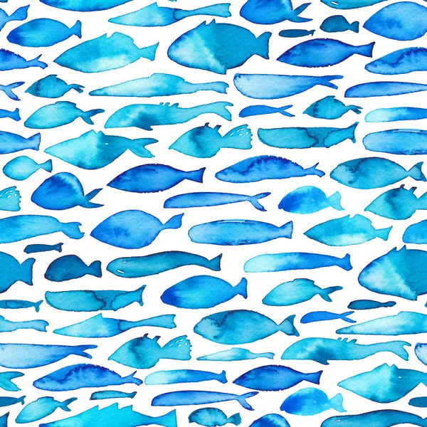 水彩无缝图案与蓝色鱼 海洋背景 包装纸装饰 手绘水彩装饰 — 图库照片