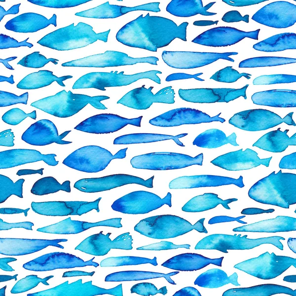 Aquarelle Motif Sans Couture Avec Des Poissons Bleus Fond Marin — Photo