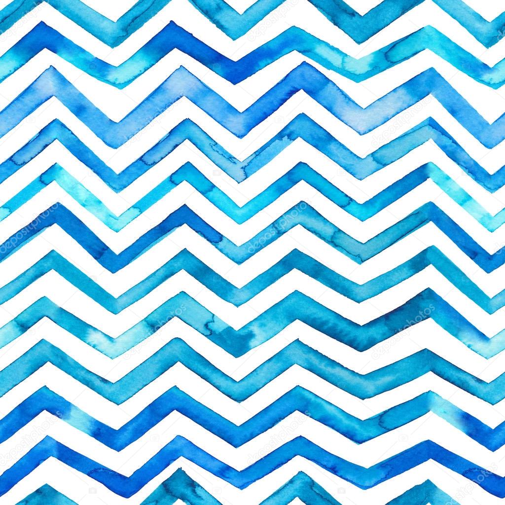 Zig zag blue watercolor seamless pattern. Geometric background. Ornament for wrapping paper. Hand drawn watercolor decor.