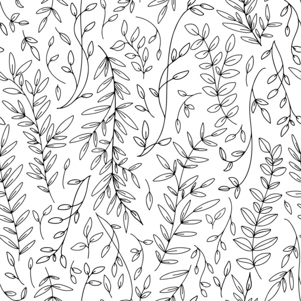 Schwarze Blätter und Zweige nahtlose Muster. Monochrom dekorative Schablone Textur mit schwarzen Blättern auf dem weißen Hintergrund. — Stockvektor