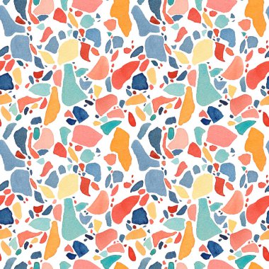 Terrazzo suluboya desenli. Renkli damlalar ve noktalarla ambalaj kağıdı için elle çizilmiş süs.. 