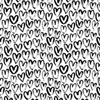 Kalpte sorun yok. Siyah beyaz mürekkep fırçası kalpler elle çizilmiş süs. Romantik figürler vektör illüstrasyonu. 