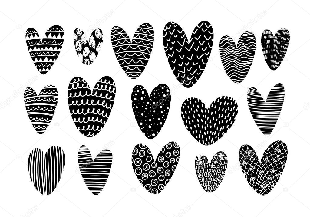 Collection of hearts with doodles lines, dots and waves. Hand drawn ink illustration. 