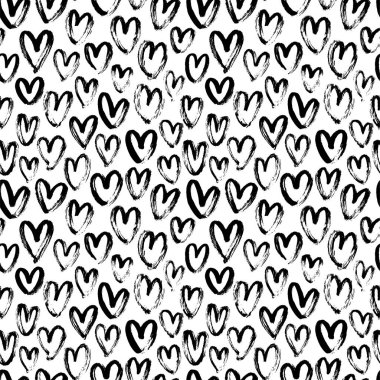Kalpte sorun yok. Siyah beyaz mürekkep fırçası kalpler elle çizilmiş süs. Romantik figürler vektör illüstrasyonu.