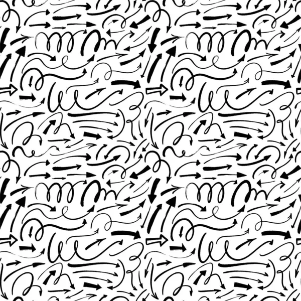 Curved arrows vector seamless pattern. Hand drawn black and white doodle elements. — Stock Vector