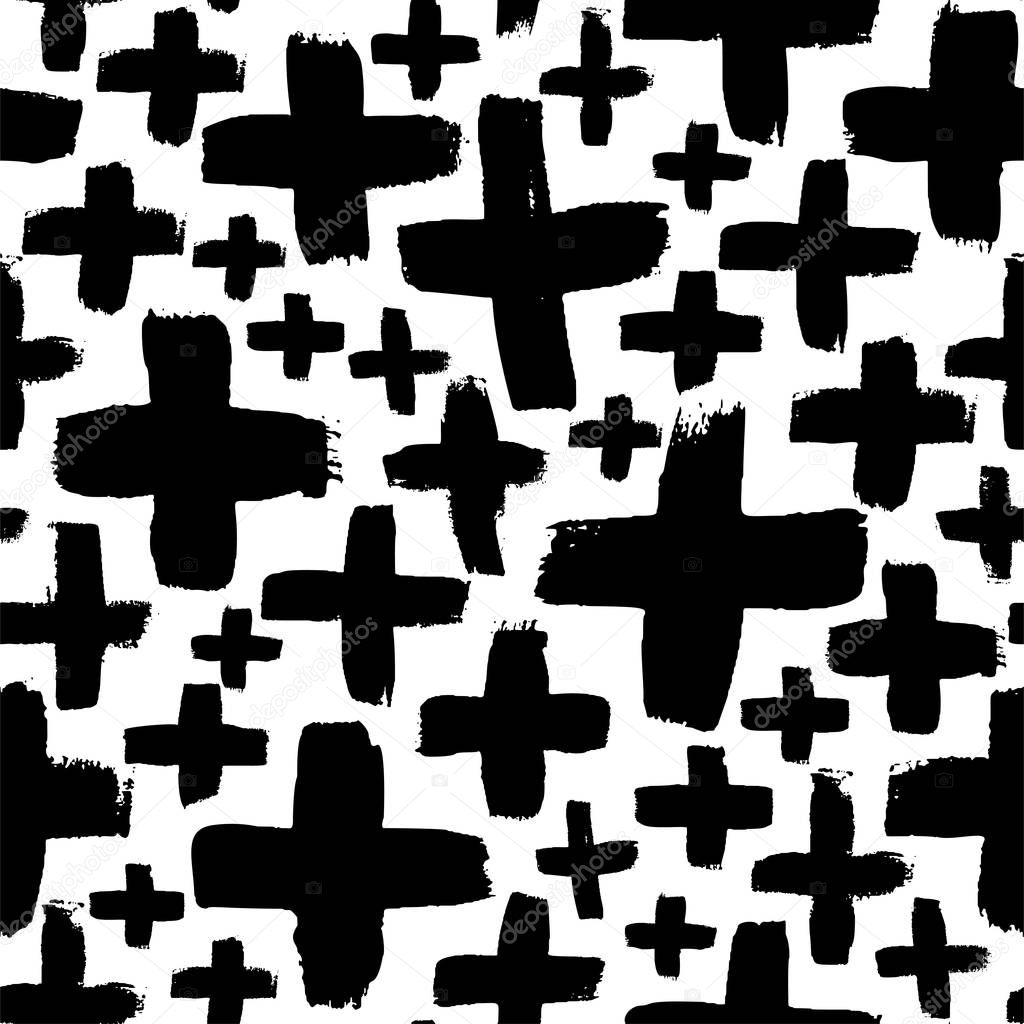 Crosses vector seamless pattern. Black and white grunge texture with pluses or x. 