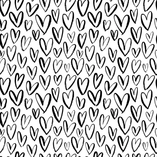Herznahtloses Muster. Schwarz-weiße Tusche Pinsel Herzen handgezeichneten Ornament. Romantische Figuren Vektor Illustration. — Stockvektor