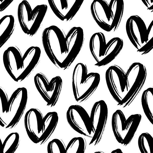 Padrão sem costura coração preto. Corações de pincel de tinta preto e branco ornamento desenhado à mão. Símbolos de amor ilustração vetorial . — Vetor de Stock