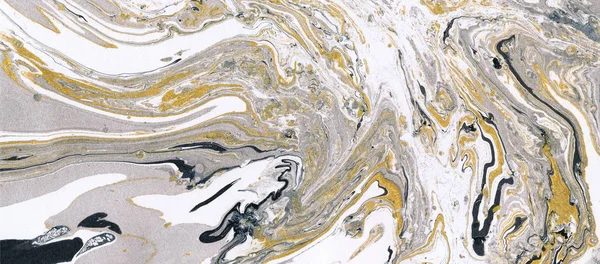 Χρυσή, λευκή και γκρι μαρμάρινη υφή μελάνης. Χειροποίητο μοτίβο αφηρημένο οριζόντιο φόντο banner. — Φωτογραφία Αρχείου