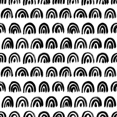 Gökkuşağı vektörü kusursuz arkaplan. Kemerli fırça darbeleri mürekkep çizimleri. Siyah fırça darbeleriyle soyut arkaplan. 