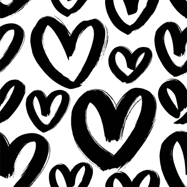 黒いハートのシームレスなパターン。黒と白のインクブラシの心の手の装飾を描いた。愛のシンボルベクトルイラスト. — ストックベクタ
