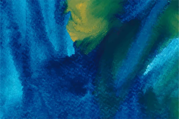 Bleu et jaune éclaboussure texture aquarelle fond vectoriel. Touches azur dessinées à la main, lobes verts — Image vectorielle