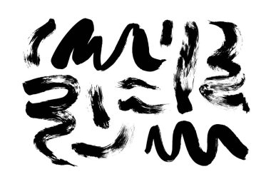 Beyaz arka planda izole edilmiş kıvrımlı fırça darbeleri koleksiyonu. Siyah boya, mürekkep fırçası vuruşu, rimel, vektör çizgisi veya dokusu.