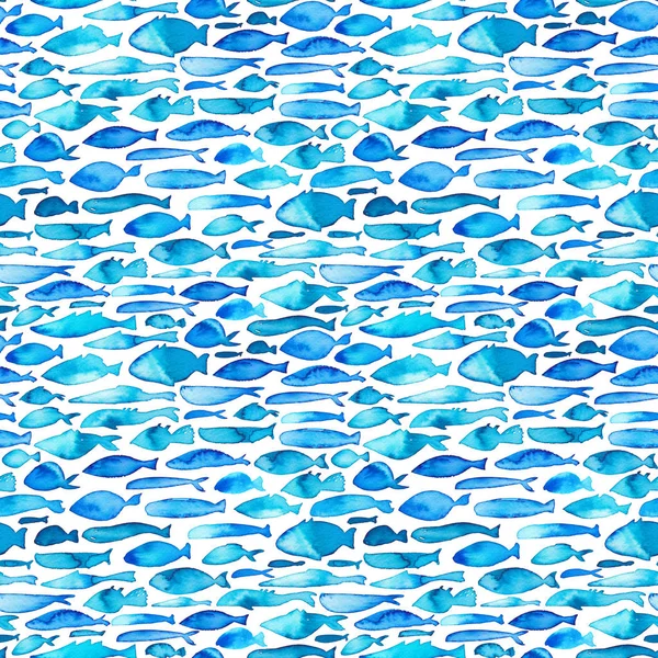 Watercolor seamless pattern with blue fishes. — Stock Photo, Image